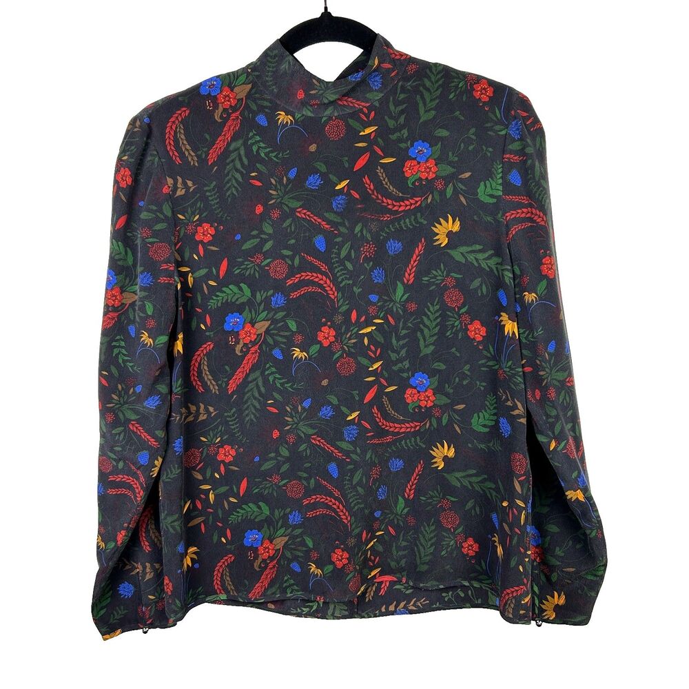 Baldwin Kansas City 100% Silk Black Multicolor Floral Print Long Sleeve Blouse S